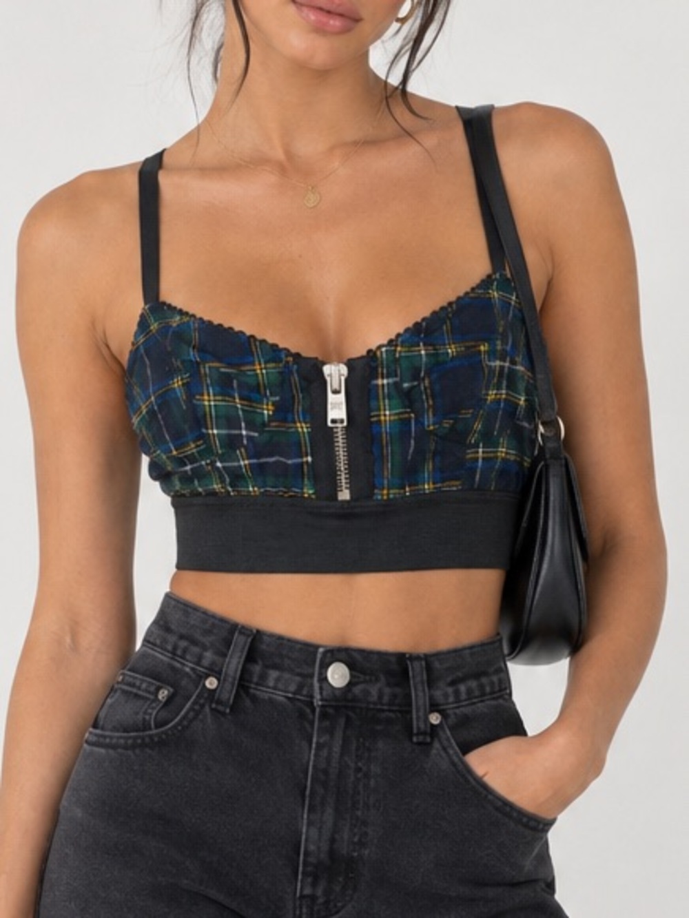 NWT Dolls Kill Navy Green Plaid Zip-Front Bralette top